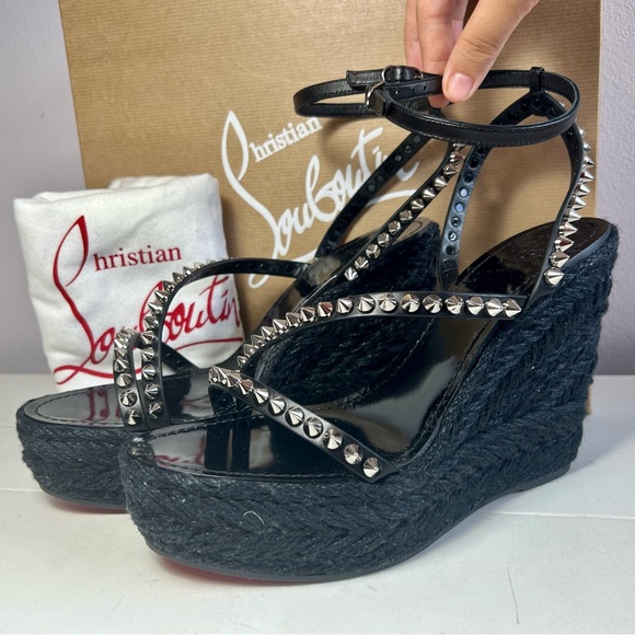 New! CHRISTIAN LOUBOUTIN MAFALDINA ZEPPA WEDGE SANDAL SPIKES BLACK LEATHER SZ 38 - Picture 7 of 15